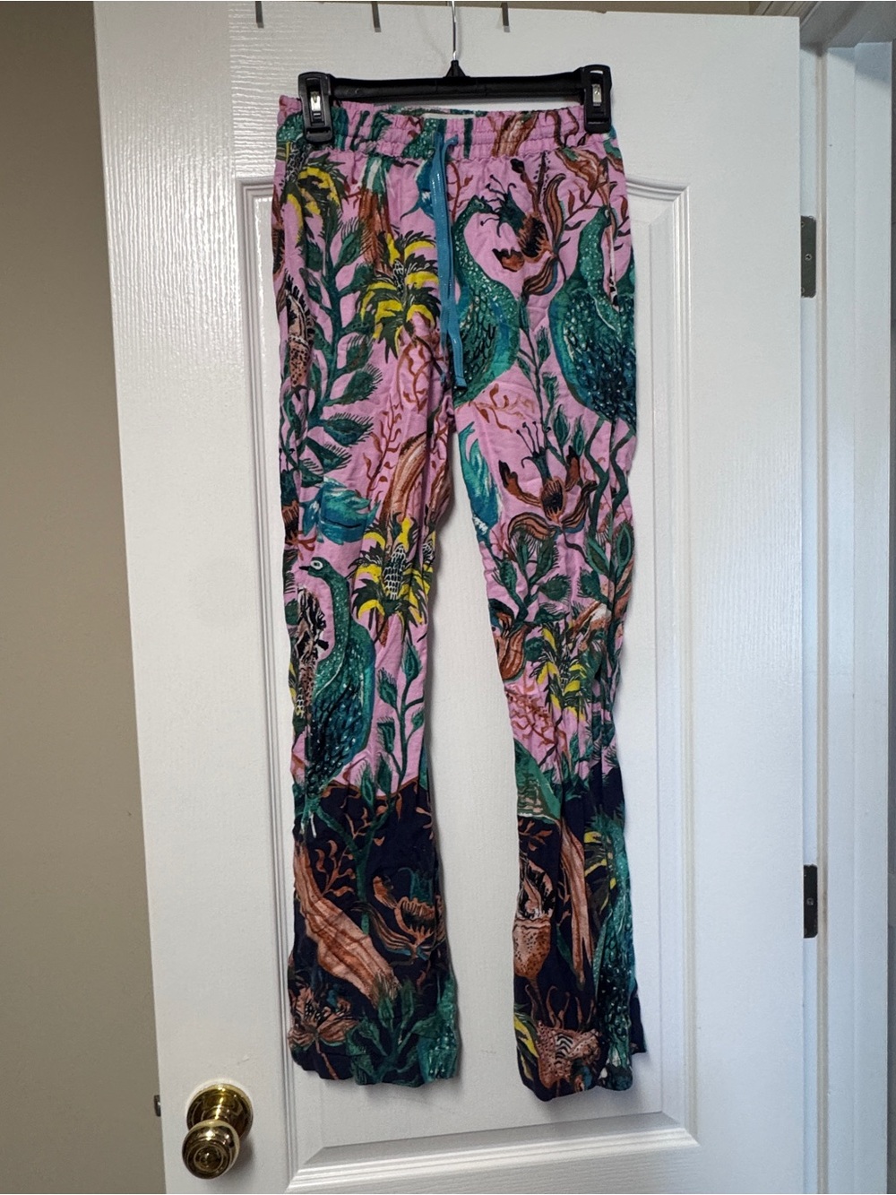 Anthropologie Floral Peacock-Print Lounge Pants in Pink & Teal